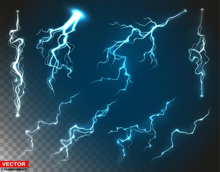 Realistic blue thunderstorm lightnings vector set