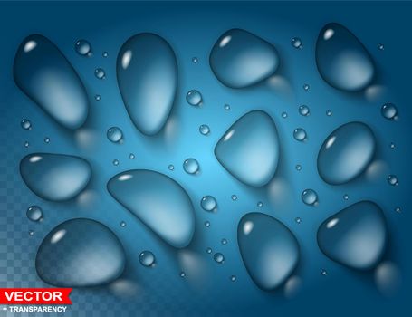 Photorealistic detailed blue big and small water drops. Transparent layered vector.