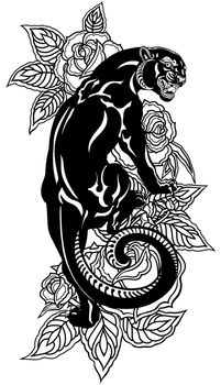Roaring panther climbing up and blooming roses. Black and white tattoo