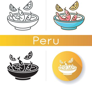 Ceviche icons set. Peruvian national dish. Latin american cuisine main course. Shrimp and lemon soup. Seafood salad. Asian meal. Linear, black and RGB color styles. Isolated vector illustrations