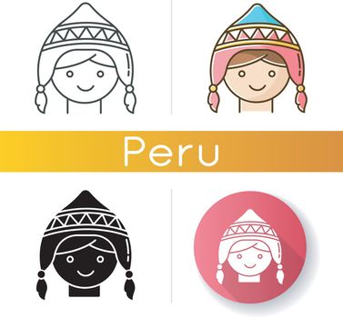 Handknit hat icons set. Cute peruvian girl in chullo. Traditional woolen headwear with ear flaps. Andean culture. National costume. Linear, black and RGB color styles. Isolated vector illustrations