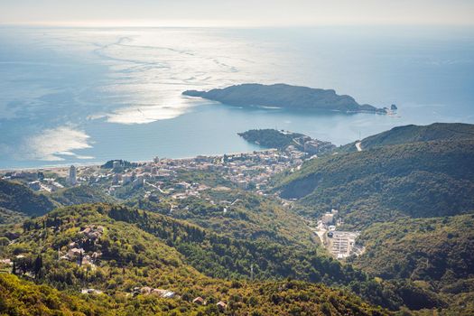 Panoramic view of the city of Budva, Montenegro. Beautiful view from the mountains to the Adriatic Sea