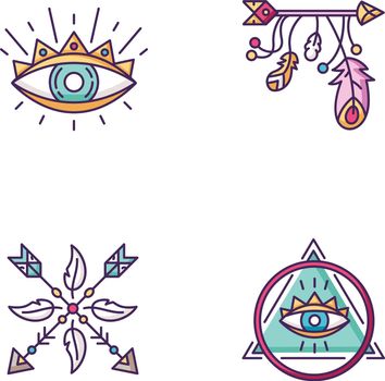 Magical symbols RGB color icons set. Eye of providence, mysterious talisman. Arrow and feathers charms in boho style. Consipiracy and witchcraft signs. Isolated vector illustrations