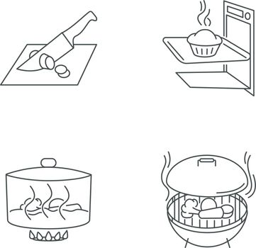 Cooking methods pixel perfect linear icons set. Cutting, baking, stewing and grilling customizable thin line contour symbols. Isolated vector outline illustrations. Editable stroke