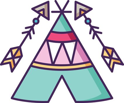 Tribal teepee in boho style RGB color icon. Native American Indian dwelling. Hut with ethnic ornaments. Wigwam and arrows. Ethnic decoration. Isolated vector illustration