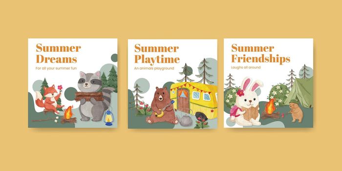 Banner template with animal camping summer concept,watercolor style