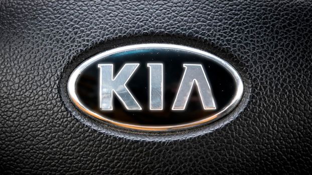 Croatia -7.04.2021 - Kia Car Sign on a steering wheel from Ceed 2013.