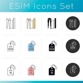Body measuring and size tags icons set. Linear, black and RGB color styles. Inside leg length determination for bespoke pants. Medium and XXS size labels isolated vector illustrations