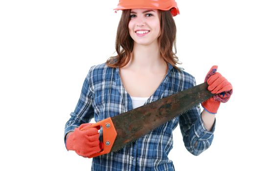 confident young woman builder holding in hands a sharp metal saw, repair in apartment