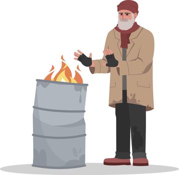 Homeless man near flaming bin semi flat RGB color vector illustration