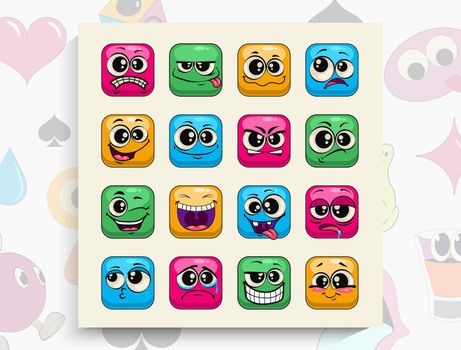 Funny cartoon colorful faces. Face with emotions. Facial expression.