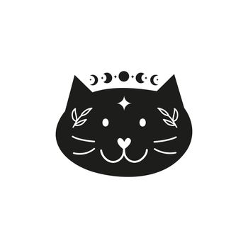 Black boho cat character with moon, leafy branches, stars.