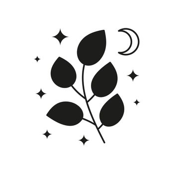 Black celestial leafy branch and stars, crescent moon.