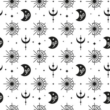 Boho seamless pattern with crescent moon and stars.