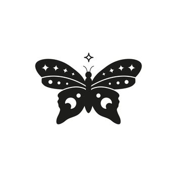 Celestial butterfly with stars and crescent moon.