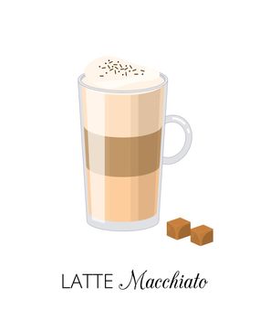 Latte macchiato with caramel isolated on white background. Latte drink with foam in cartoon style. Perfect for posters and menu. Vector ilustration.