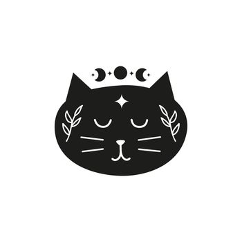 Black boho cat character with moon, leafy branches, stars.