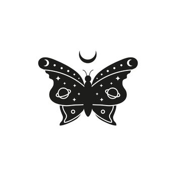 Celestial butterfly with stars, planets and crescent moon.