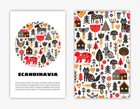 Card templates with doodle Scandinavian icons.