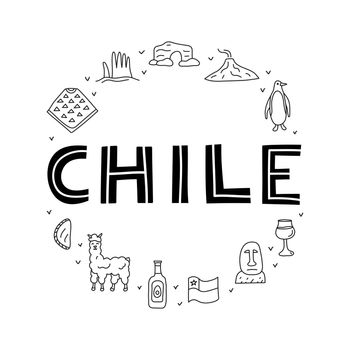 Doodle outline Chile icons in circle.