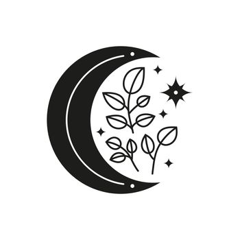 Boho floral crescent moon with leafy branches and star.