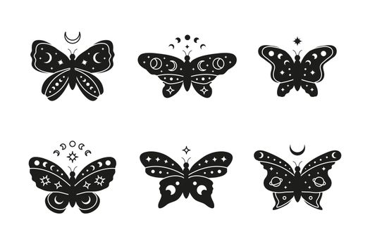 Set of hand drawn celestial butterfly with stars, crescent and moon phases.