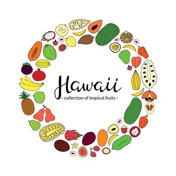 Tropical fruits of Hawaii in circle.