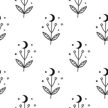 Boho seamless pattern with celestial moon flowers.