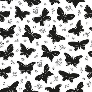 Seamless pattern with butterflies and leafy branches.