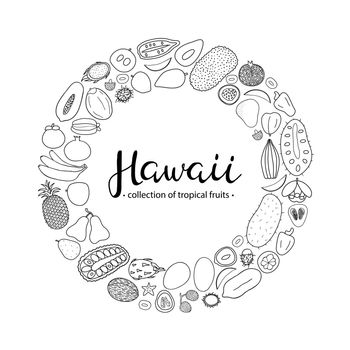 Tropical fruits of Hawaii in circle.