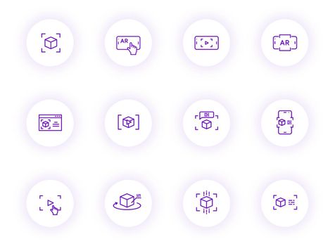 augmented reality purple color outline vector icons on light round buttons with purple shadow. virtual reality icon set for web, mobile apps, ui design and print
