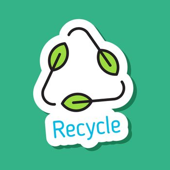 recycle sign color vector eco sticker. recycle sign with recycle lettering. color filled sticker with shadow on green. go green, no plastic and zero waste eco friendly concept