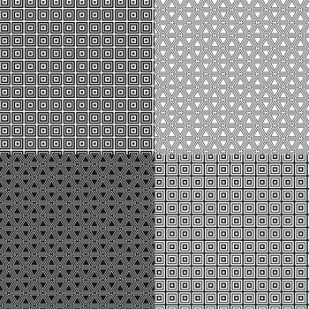 Geometric seamless patterns. Black and white. Retro backgrounds with triangles and squares.