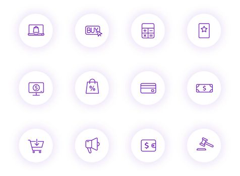 e commerce purple color outline vector icons on light round buttons with purple shadow. e commerce icon set for web, mobile apps, ui design and print