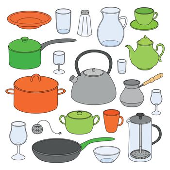 Kitchen utensils and dishes set.
