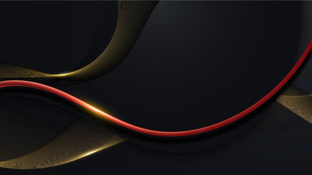 Abstract 3D luxury background black and golden wave lines with light effect red line elements