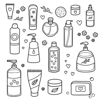 Collection of hand drawn outline beauty products for body and hair isolated on white background.