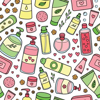 Cute seamless pattern with colorful hand drawn beauty products.