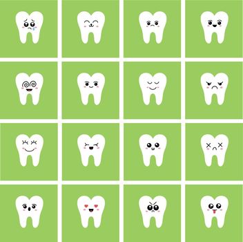Kawaii. Cute teeth emoji and emoji set with different facial expressions. Vector illustration.