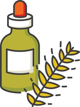 Hydrolyzed wheat protein RGB color icon. Organic moisture in bottle with drip. Herbal extract in container with droplet. Natural cosmetic product for hair treatment. Isolated vector illustration