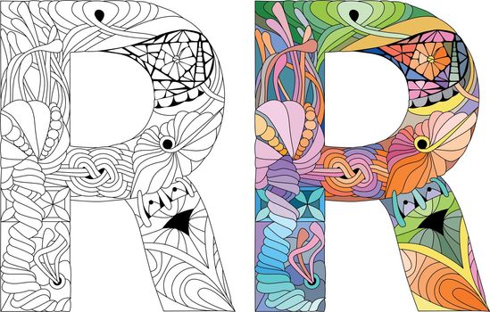 Letter R monogram for coloring, engraving design. Vector illustration. Color and outline set
