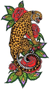 Aggressive roaring leopard climbing up and blooming roses. Angry spotted panther. Tattoo style vector illustration isolated on white