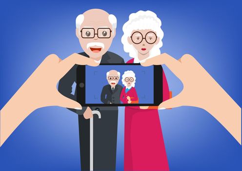 Children use smartphones to take pictures of grandparents. keep as a souvenir vector illustration