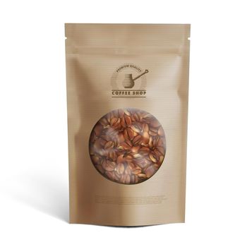 Blank Brown Paper Bag With Coffee Beans In Transparent Window