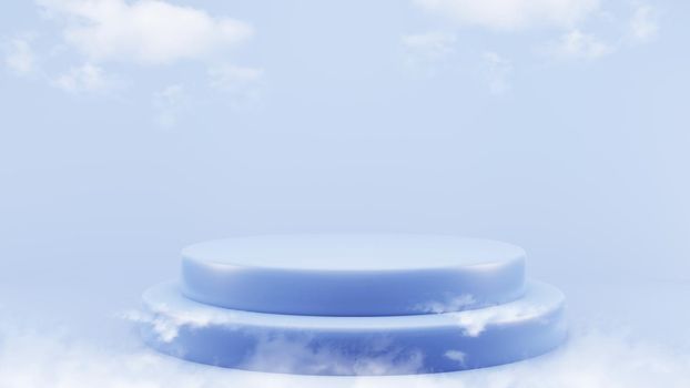 Blue podium 3D render mock up isolate montage photo with blue sky and soft clouds product display stand abstract background