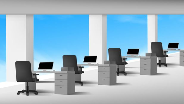 3D View Of White Office Interior With Computers