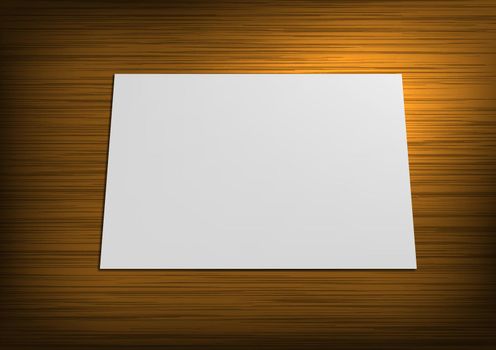 Realistic White Paper On Wood Table. Top View
