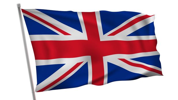 Waving In Wind Flag Of Great Britain On Pole