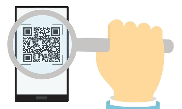 Check of the vaccination certificate by QR code. A magnifying glass in your hand magnifies the code on the tablet.
