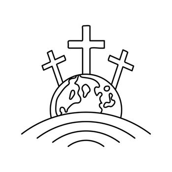 Earth globe icon with crucifixion of Jesus. Calvary icon. Religious logo. Christian cross icon. Vector symbol of church